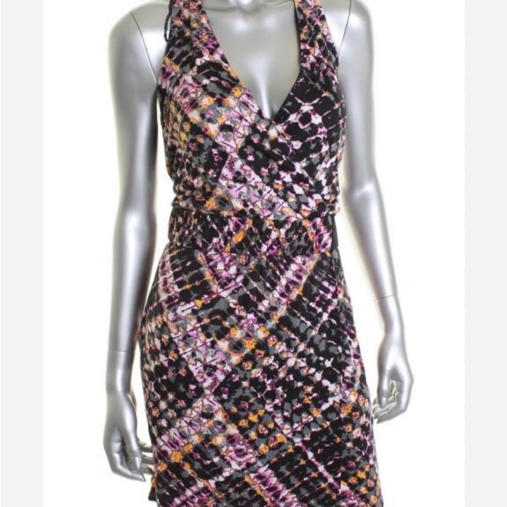 Maggy London Jersey Surplice Sheath Black-Pink-Cream Print Faux Wrap - Size 10